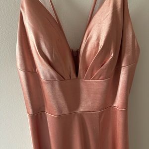 Light pink long flowy prom dress with leg slit